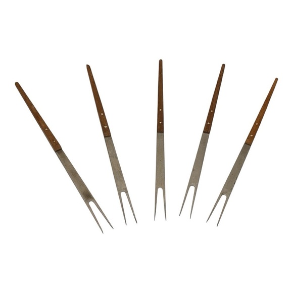 Vintage MCM Walnut & Stainless Fondue Forks (5) - Picture 2 of 4